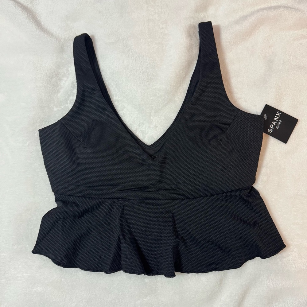 Spanx Pique Longline Flounce Swim Top - Very Black - NWT